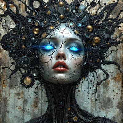The primary subject of the image is a woman with a unique and intricate hairstyle, featuring a mix of gears, bones, and other mechanical elements. The setting is a dark and moody environment, with the woman's face and head being the main focus of the image. The visual style is a combination of digital art and illustration, creating a striking and surreal portrait. The colors and mood of the image are predominantly dark and mysterious, with the woman's blue eyes adding a touch of other